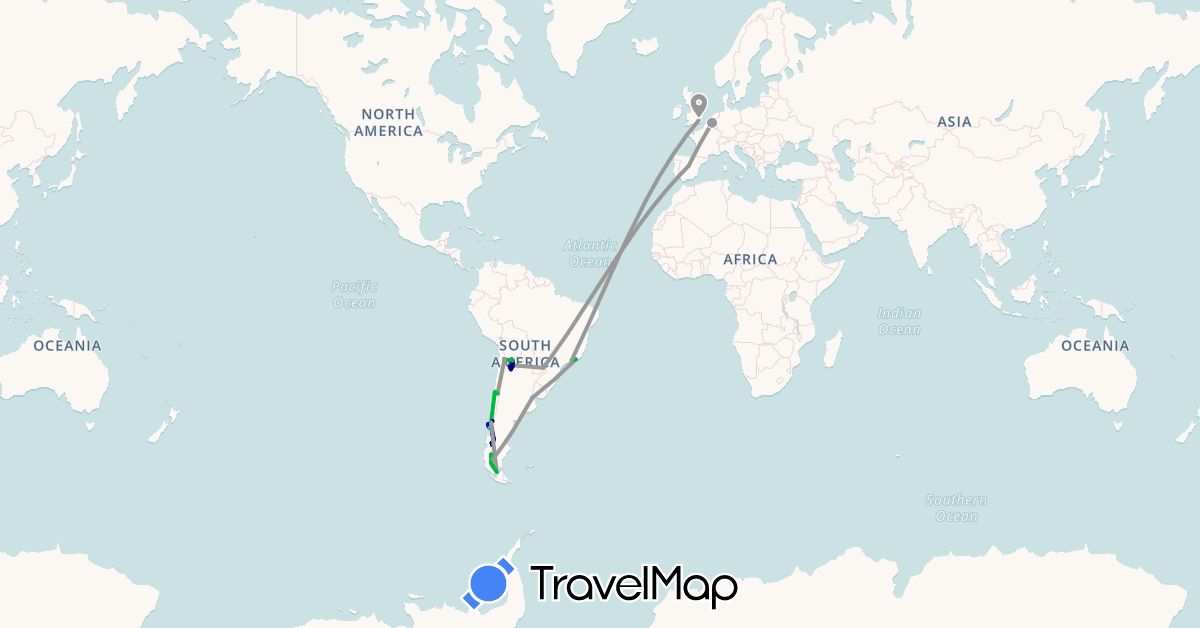 TravelMap itinerary: driving, bus, plane, boat in Argentina, Belgium, Brazil, Chile, Spain, United Kingdom (Europe, South America)