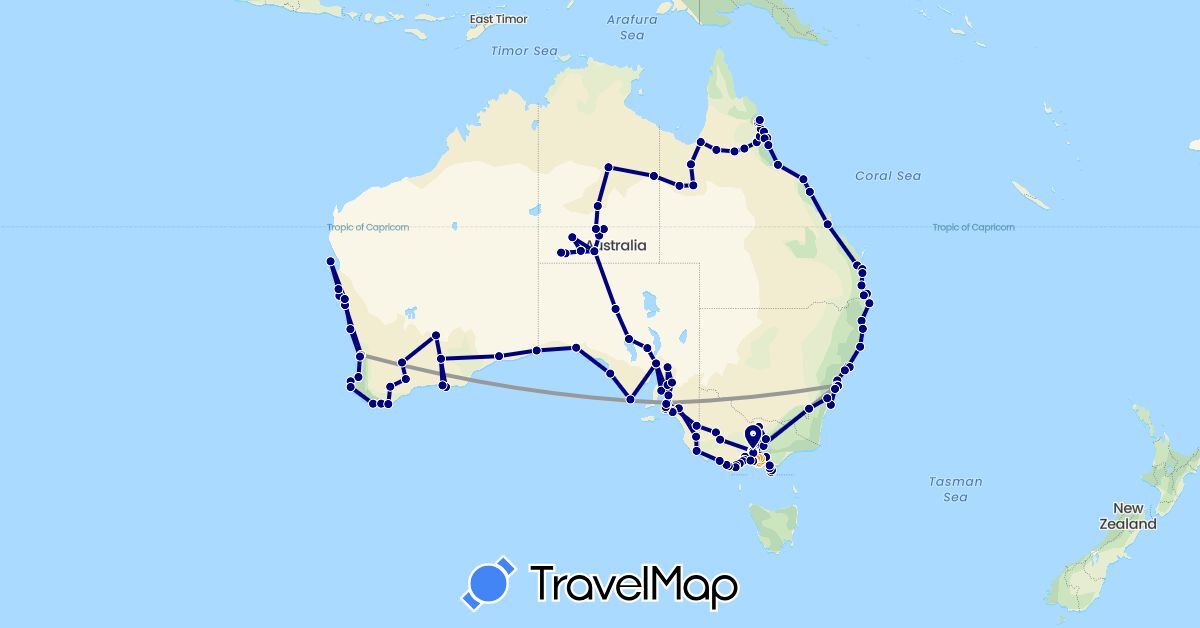 TravelMap itinerary: driving, bus, plane, train, hiking, hitchhiking in Australia (Oceania)