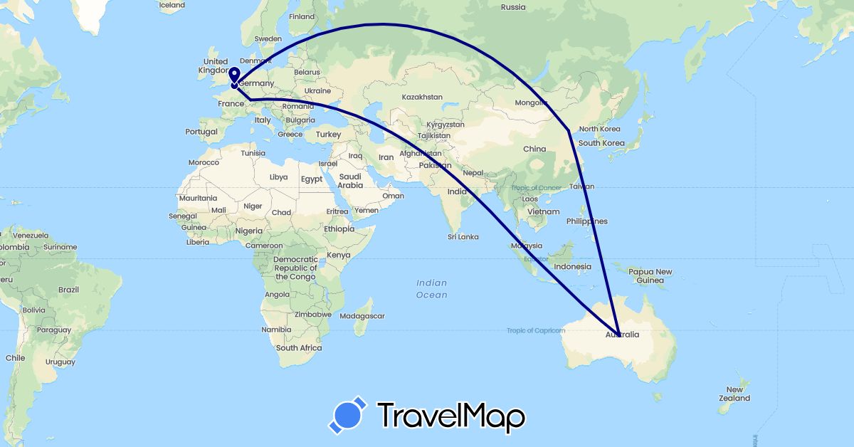 TravelMap itinerary: driving in Australia, Switzerland, China, France, Singapore (Asia, Europe, Oceania)